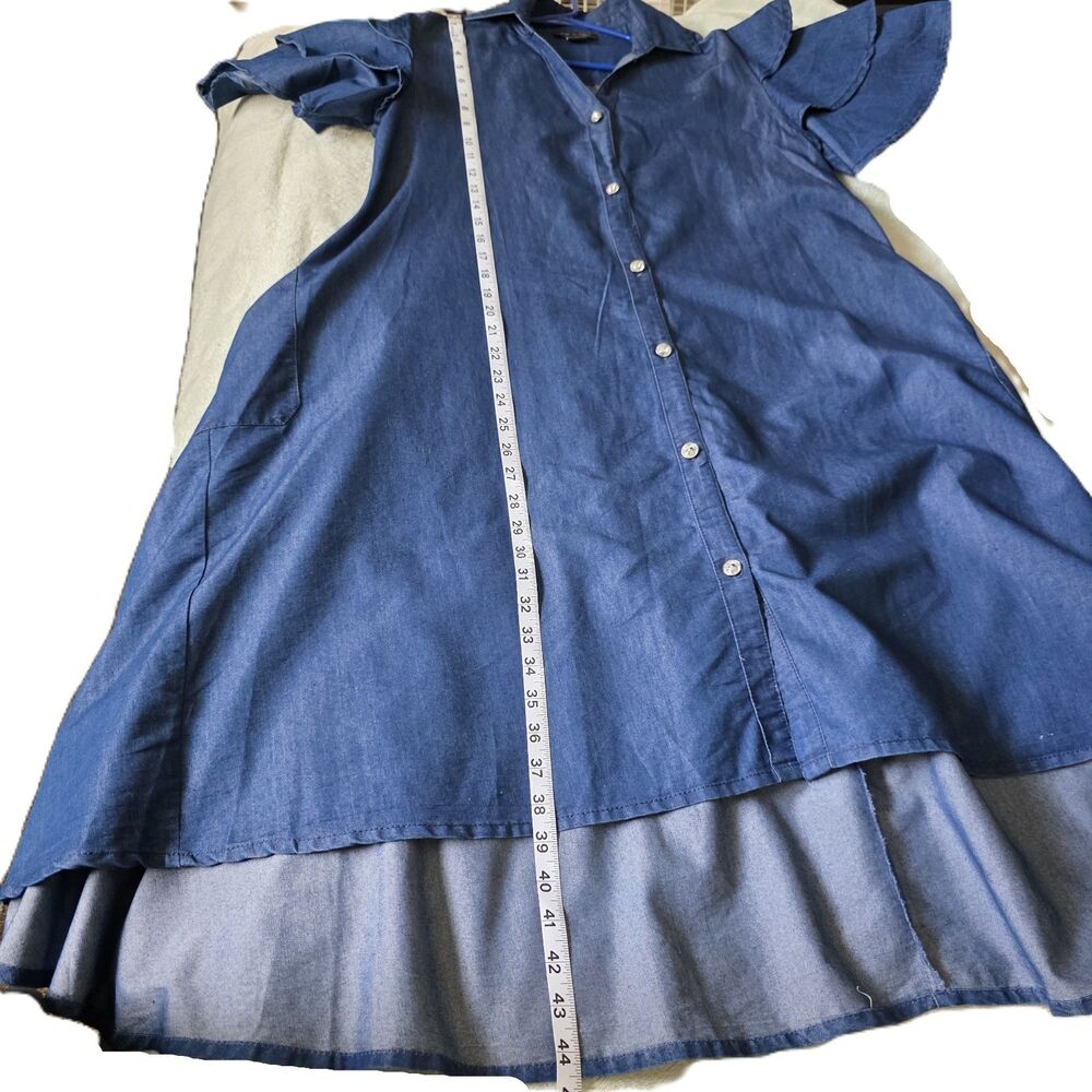 Step In Style Denim Dress M Blue Chambray Tiered Ruffle Sleeve High Low Boho - Picture 7 of 8
